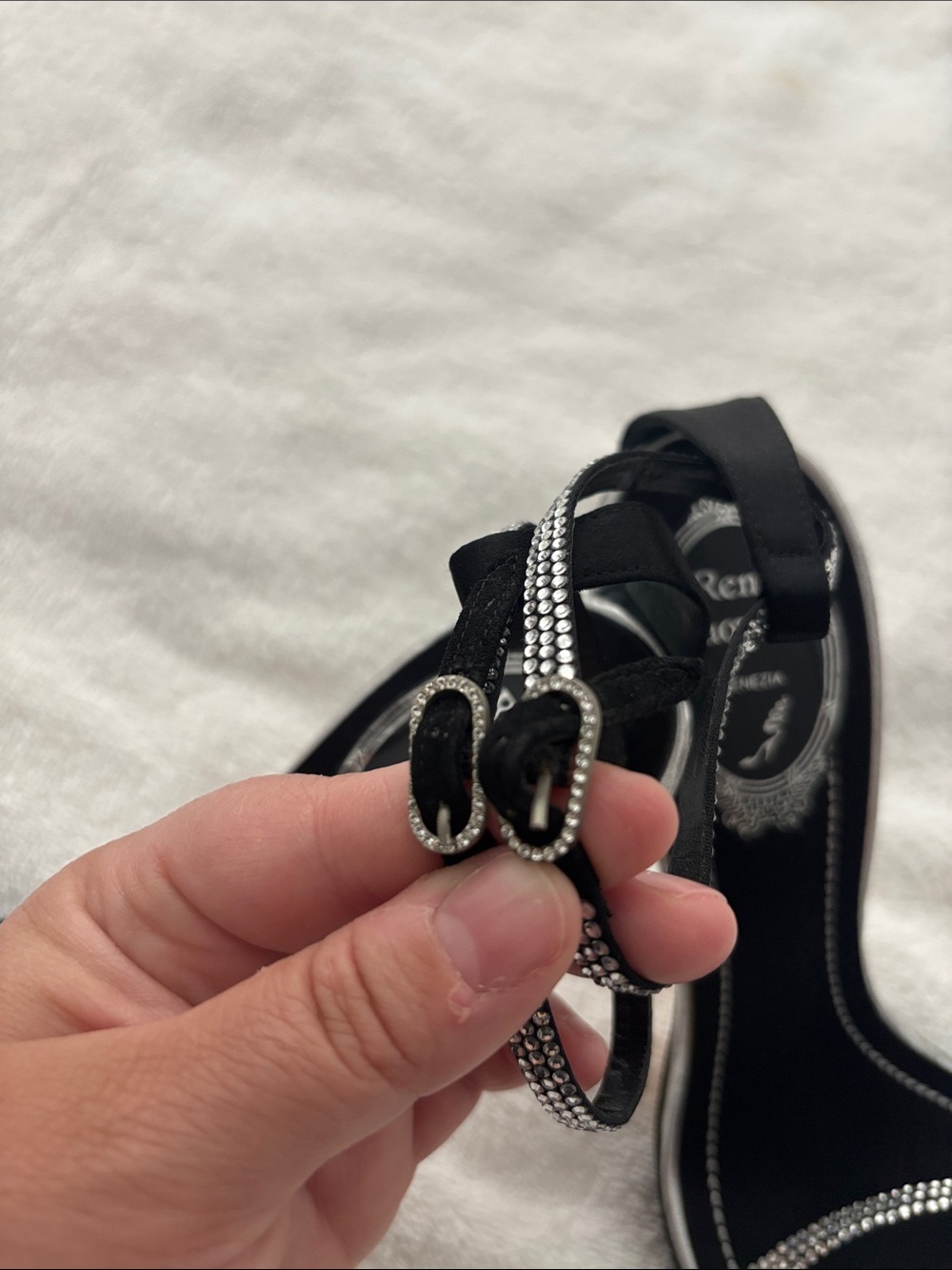 Rene Caovilla Satin Rhinestone Strappy Heels - Picture 15 of 17